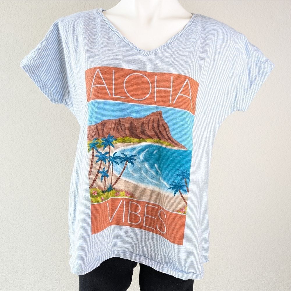 Soft Surroundings Aloha Vibes Blue Graphic Tee